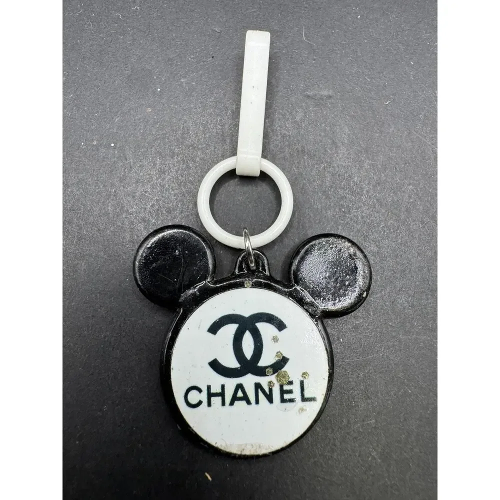 Disney Mickey Mouse Face X Chanel Keychain Key Ring Black & White Resin